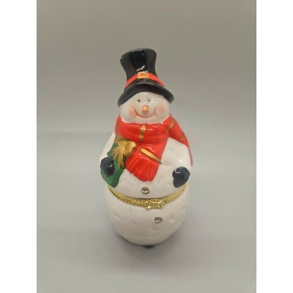 Vintage 4.5" Snowman Hinged Porcelain Trinket Treasured Box Seasonal Décor - Picture 1 of 5
